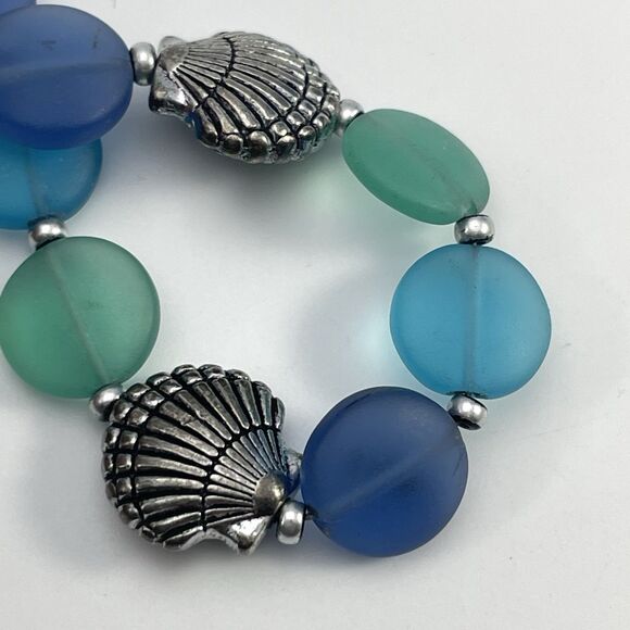 Blue Green Frosted Glass Seashell Stretch Bracelet Boho Beach Vacation Cute - Picture 4 of 6